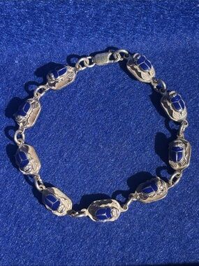 Silver Scarab Link Bracelet with Deep Blue Enamel
